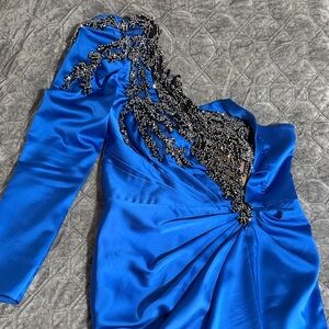 Elegant CUSTOM Blue Dress with Black Beaded Design